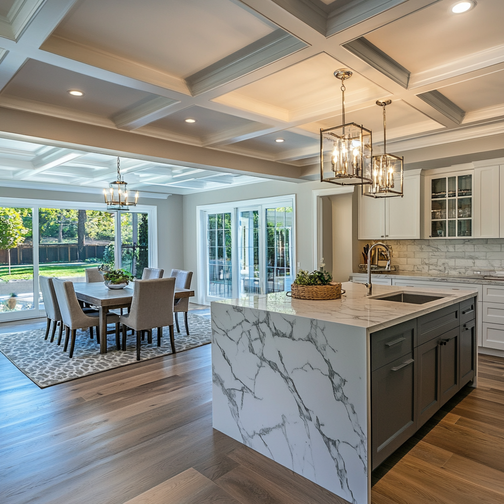 Elegant kitchen featuring detailed ceiling wainscoting, upper white shaker cabinets, lower gray shaker cabinets, and stunning gray-veined quartzite countertops. The space opens to a spacious dining area with outdoor access and views of a beautifully landscaped yard.